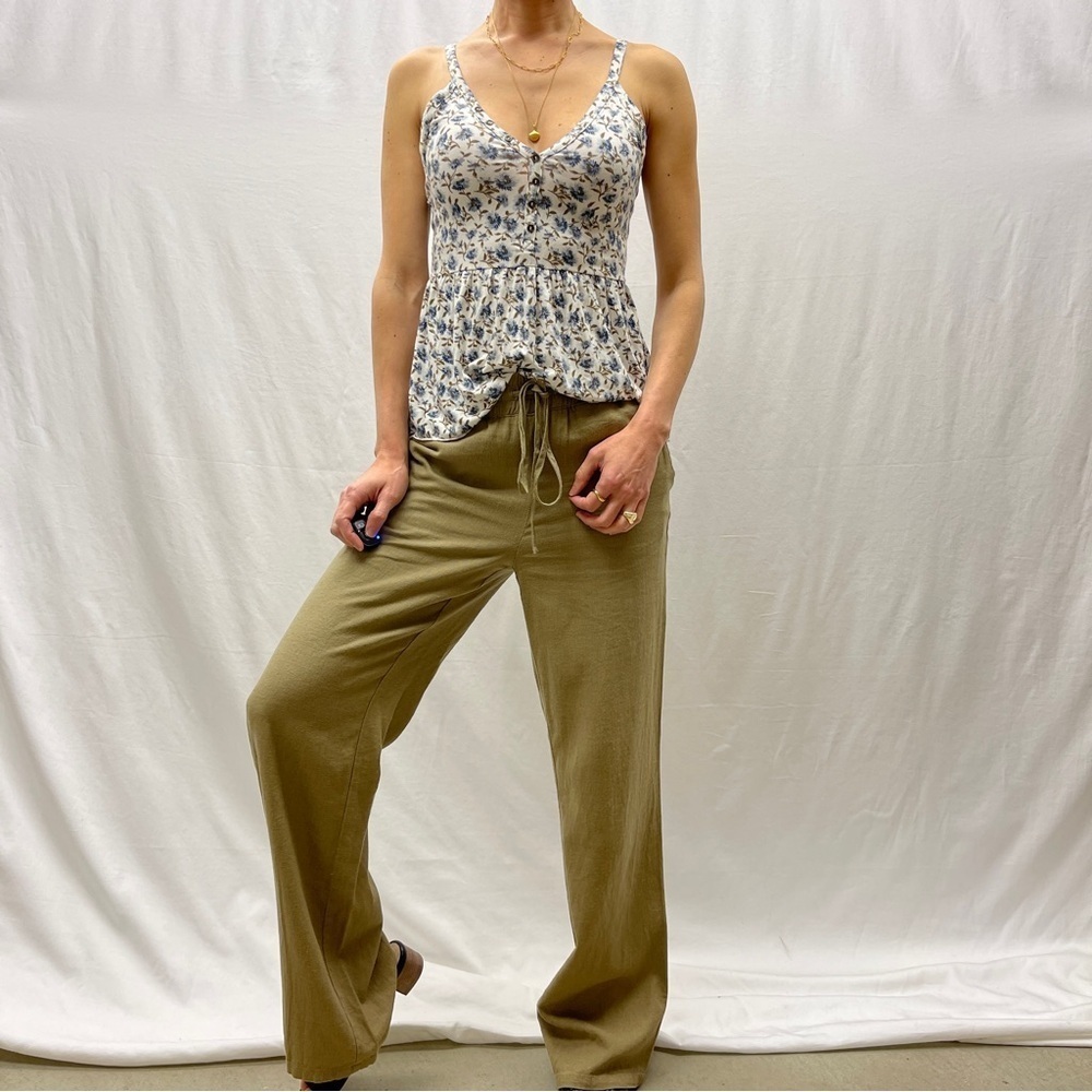 Simons linen blend pants khaki green Size S wide leg breathable summer